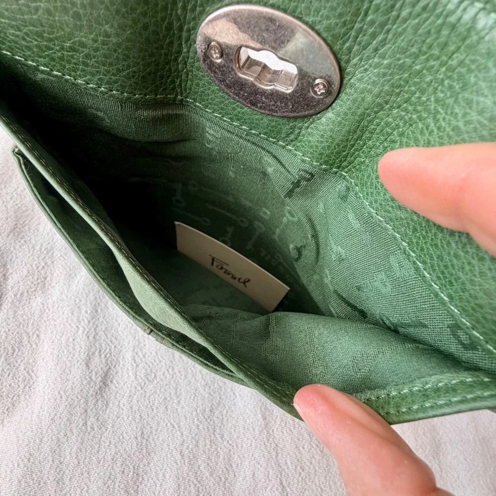 Fossil Green Pebbled Leather Turn Lock Clutch Wallet with Key Print Lining